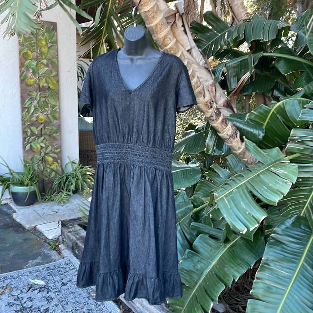 dark denim fit and flare ruffled dress